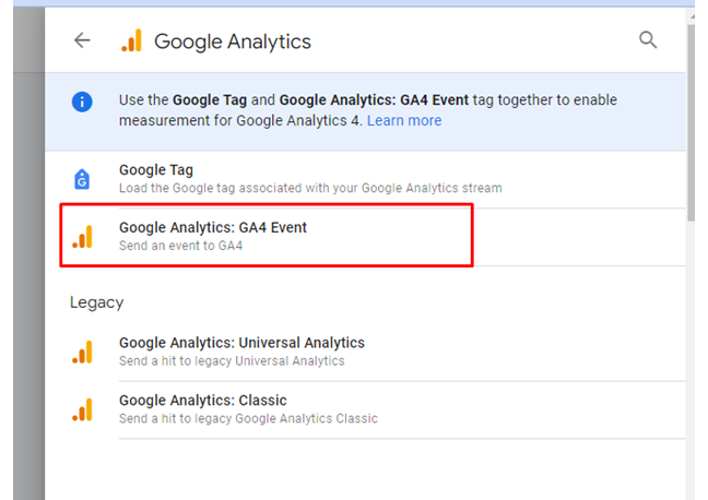 Choose Google Analytics: GA4 Event