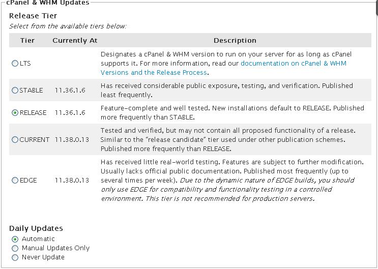 cPanel WHM release Tiers